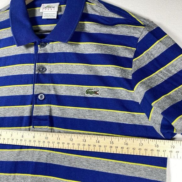 VINTAGE Lacoste Sport Polo Men Size 4 Medium Shirt Grey Blue Striped Classic Fit - Picture 6 of 7